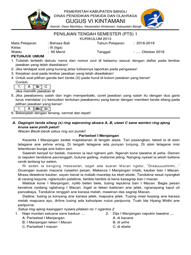 Bahasa Bali Kelas 3 UTS Semester 1