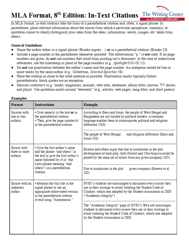 Mla 8th In Text Citations Citation Bracket