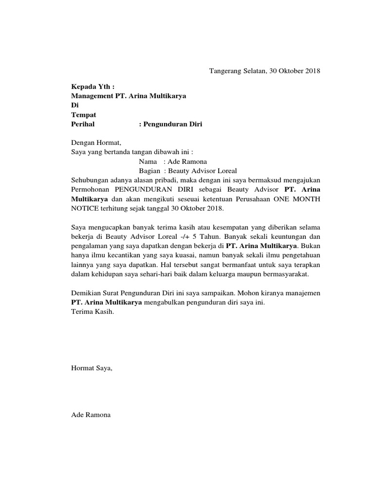 Contoh Surat Resign One Month Notice Kumpulan Surat Penting