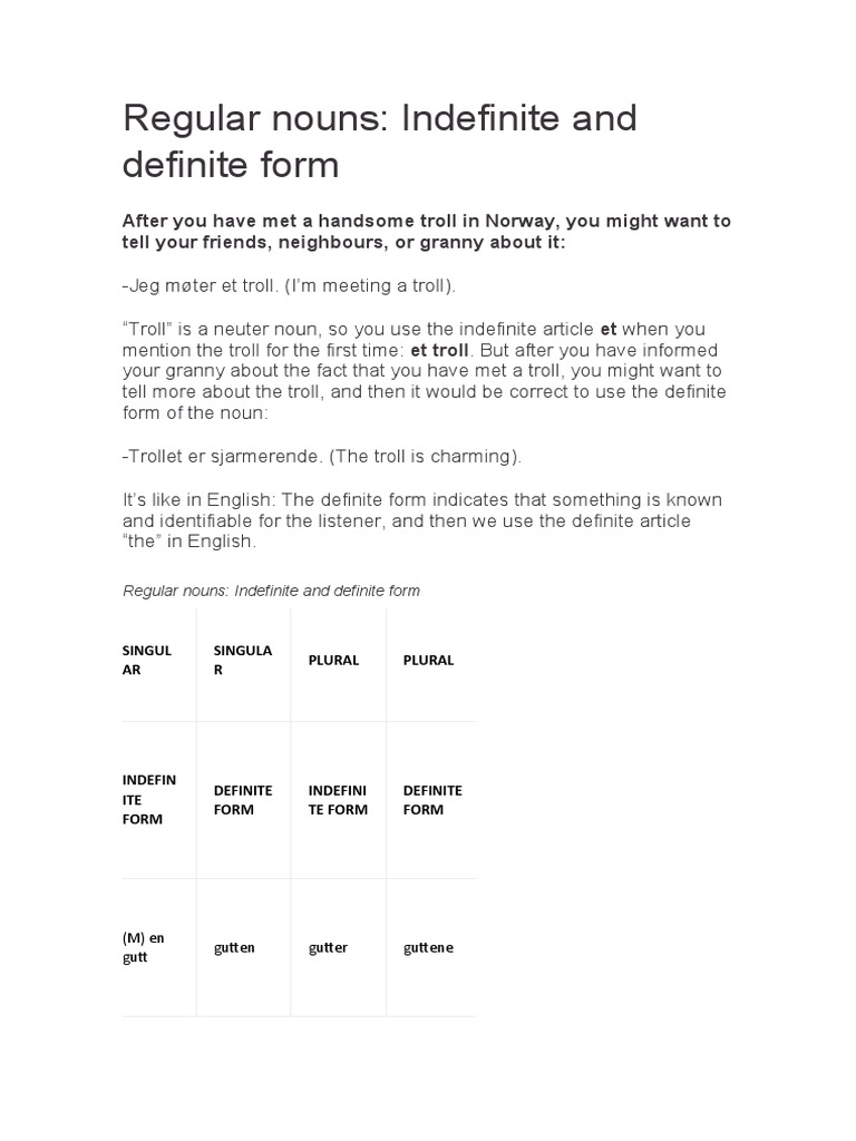 Norwegian Nouns: Indefinite vs Definite | PDF | Language Arts & Discipline
