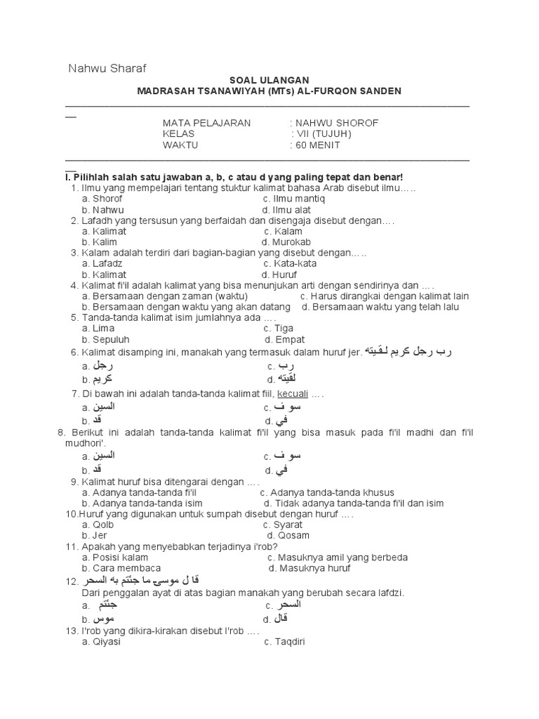 Contoh Soal Uas Nahwu Kls 11 Madrasah Aliyah