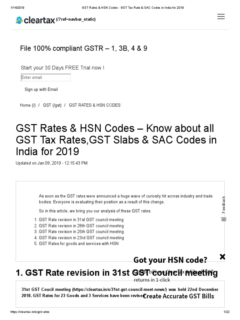 GST Rates & HSN Codes GST Tax Rate & SAC Codes in India For 2019