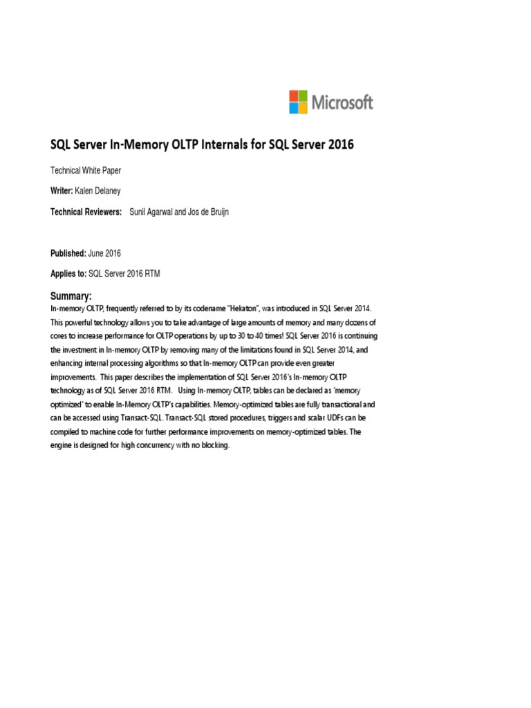 SQL Server 2016 in Memory OLTP White Paper PDF | PDF | Database Index ...