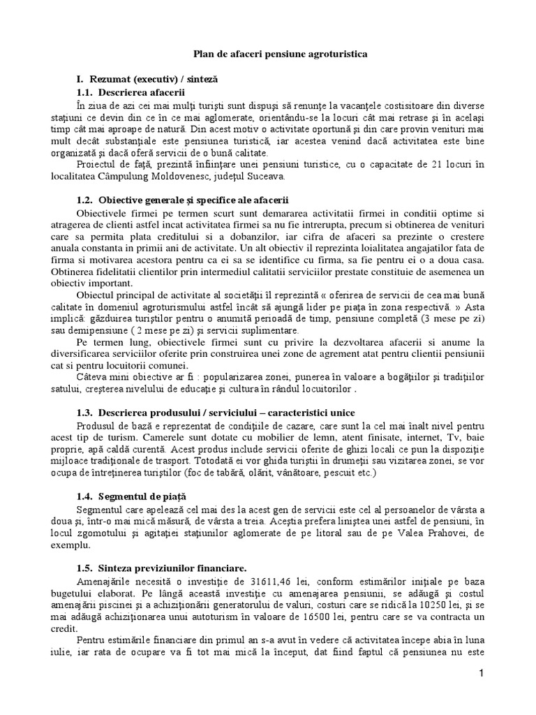 Plan De Afaceri Pensiune Agroturistica
