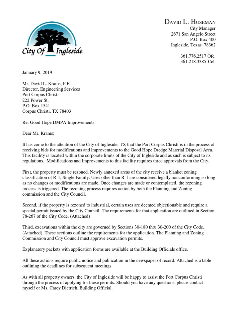 Ingleside Letter To The Port of Corpus Christi PDF Zoning Public