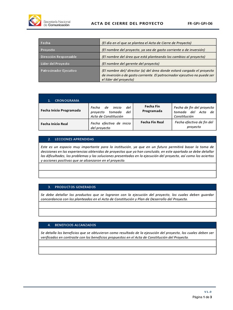 FR-GPI-GPI-06 Acta de Cierre Del Proyecto | Presupuesto | Business