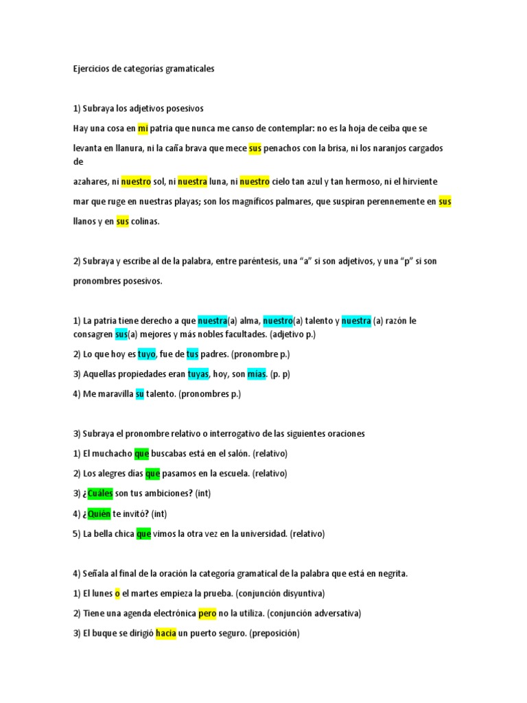 Ejercicios De Categorias Gramaticales Pdf Adjetivo Preposicion Y Postposicion