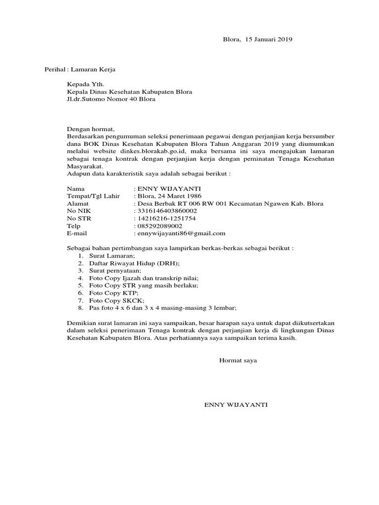 Contoh Surat Lamaran Kerja Kontrak Dinas Kesehatan