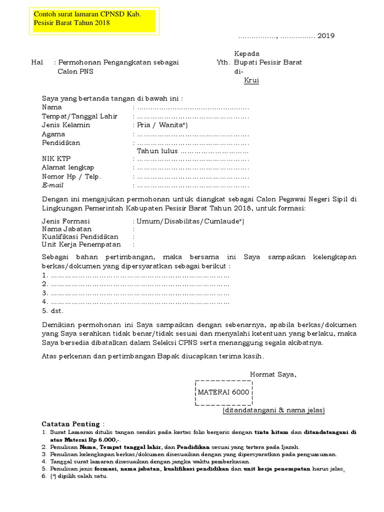 Contoh Surat Lamaran Cpnsd Pesisir Barat 2018
