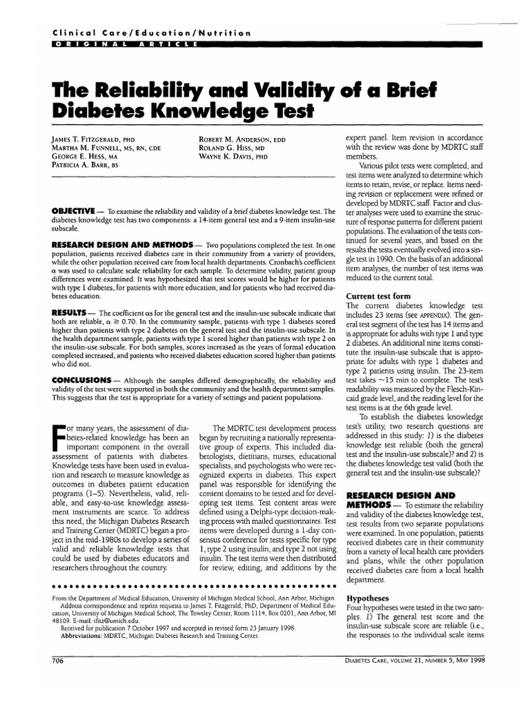 The Reliability and Validity of A Brief Diabetes Knowledge Test | PDF ...