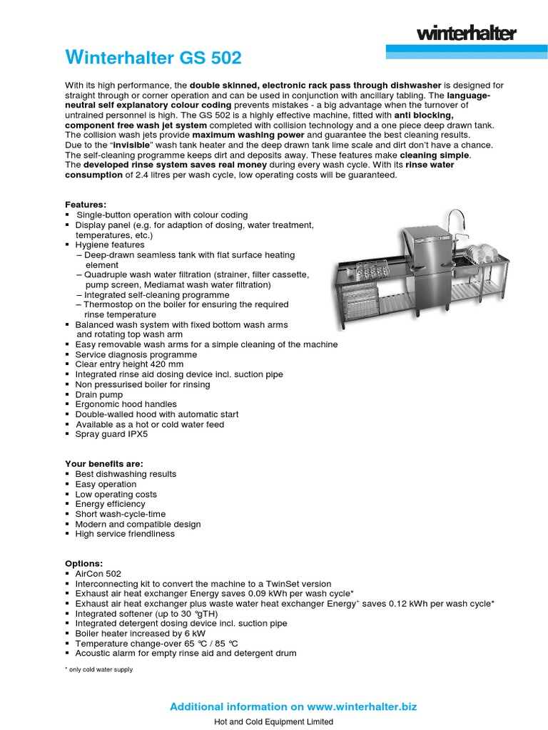 Winterhalter Dishwasher GS 502 Spec Dishwasher Building Engineering