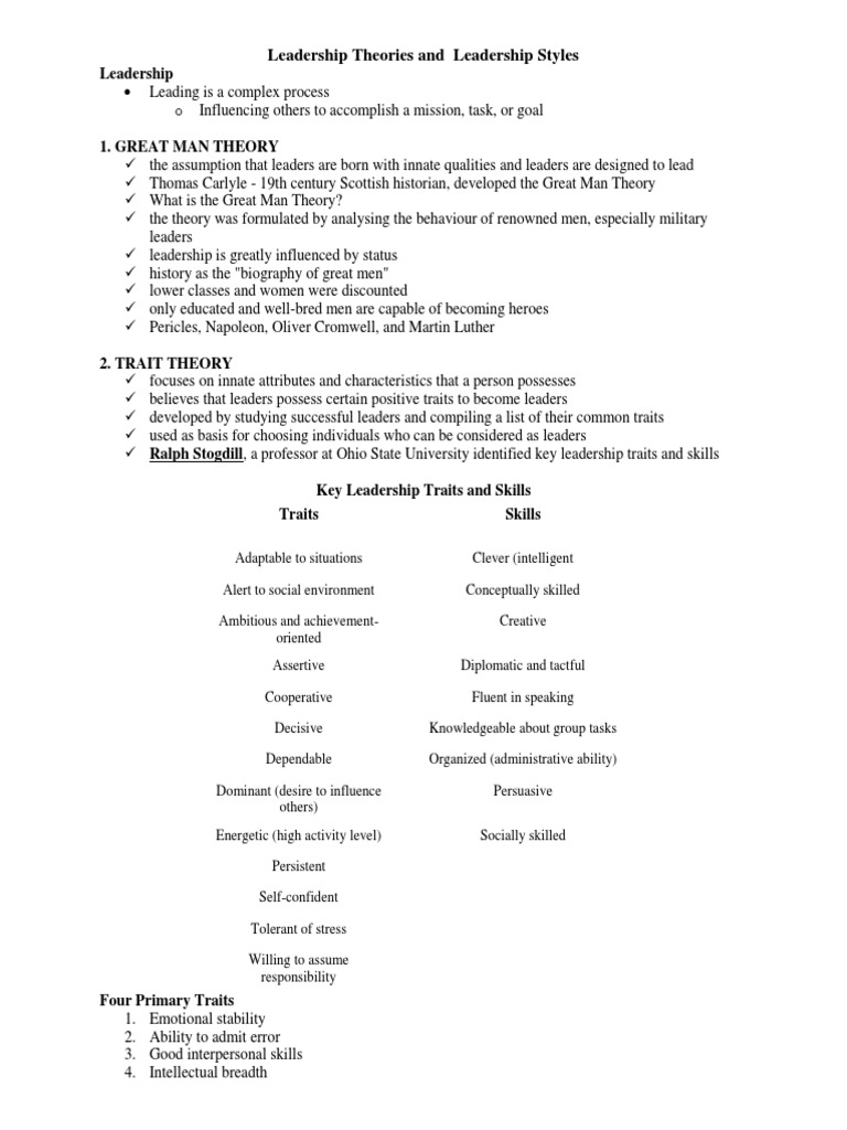 Leadership Theories and Leadership Styles Handout PDF Leadership