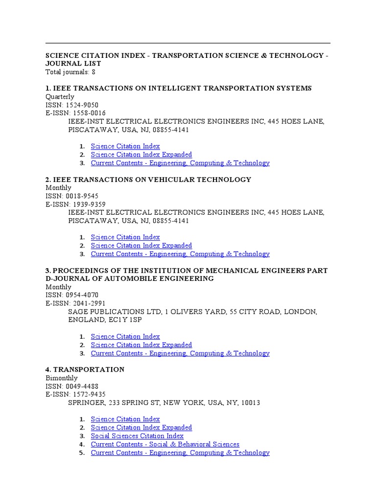 Science Citation Index Journals International Standard Serial Number Science And Technology