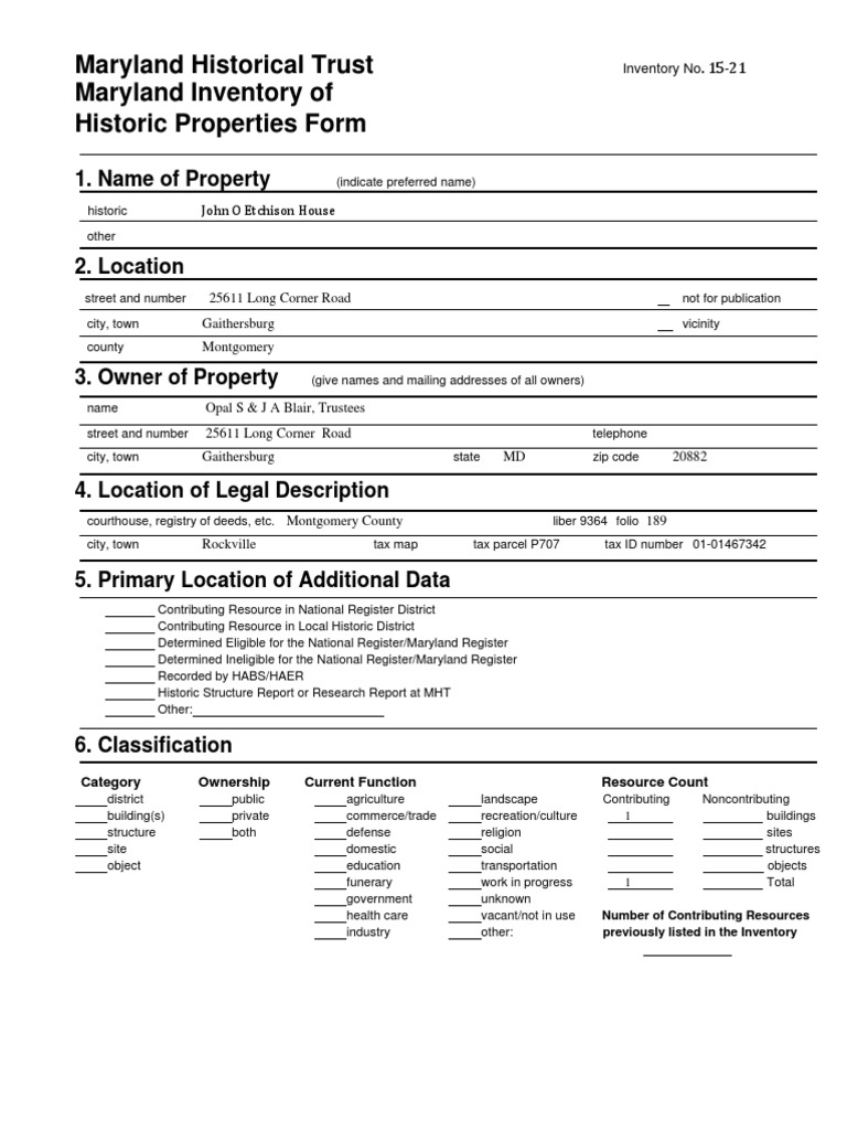 Maryland Historical Trust Maryland Inventory of Historic Properties ...