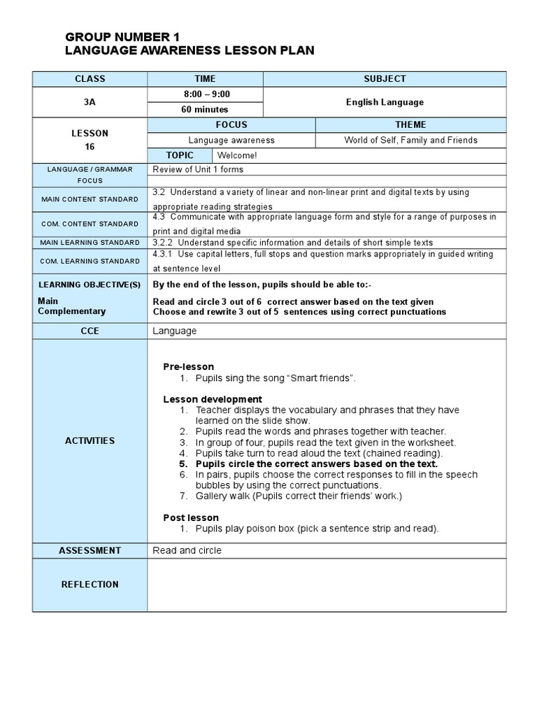 Sample Lesson Plan Language Awareness | PDF | Lesson Plan | Question