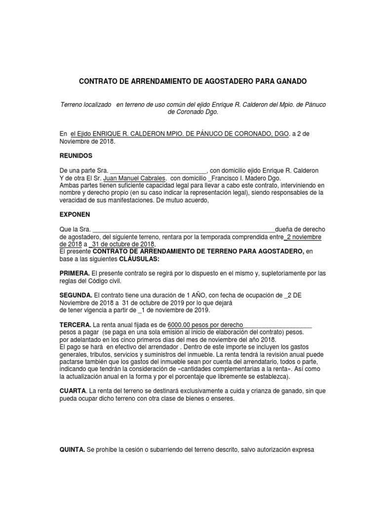 Contrato de Arrendamiento de Terreno para Ganado | PDF | Alquiler | Gobierno