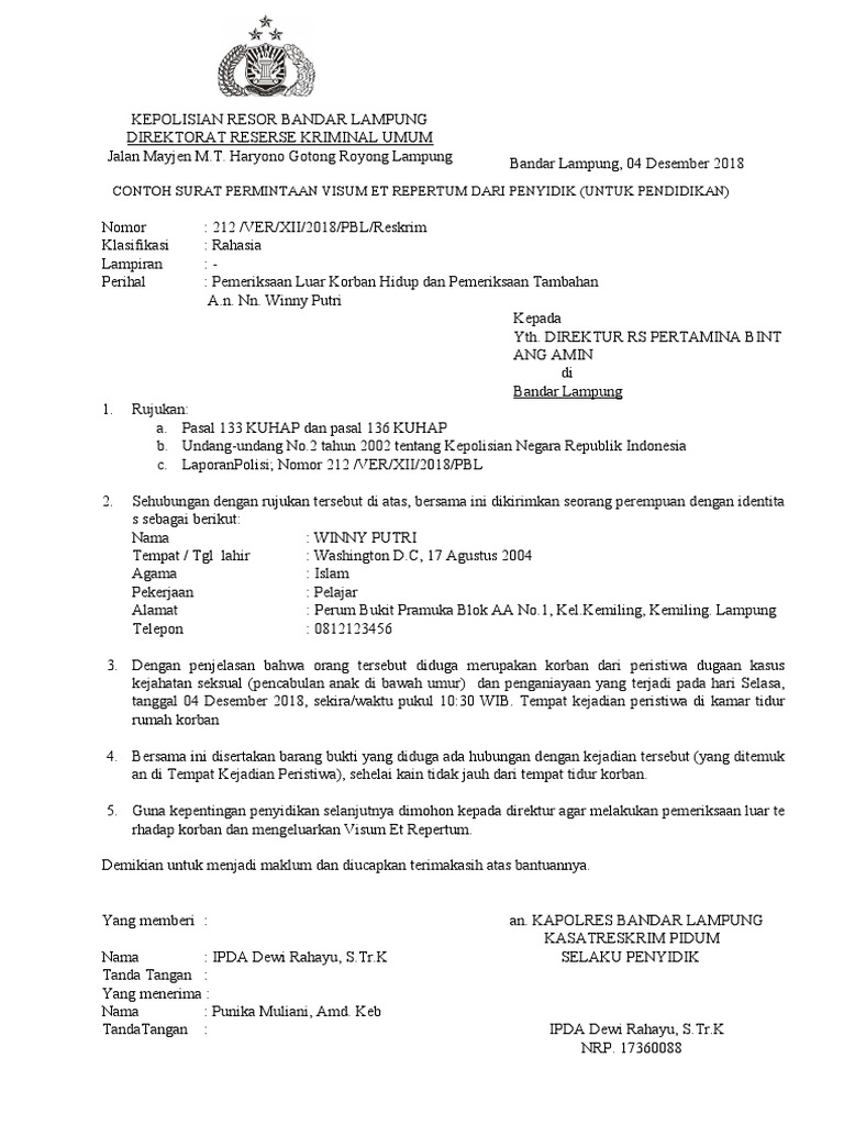 Contoh Surat Permintaan Visum Dari Kepolisian