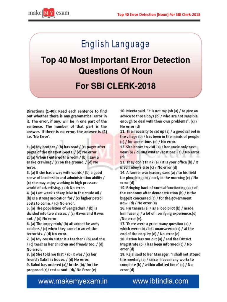 Top 40 Error Detection (Noun) For Sbi Clerk 2018 PDF