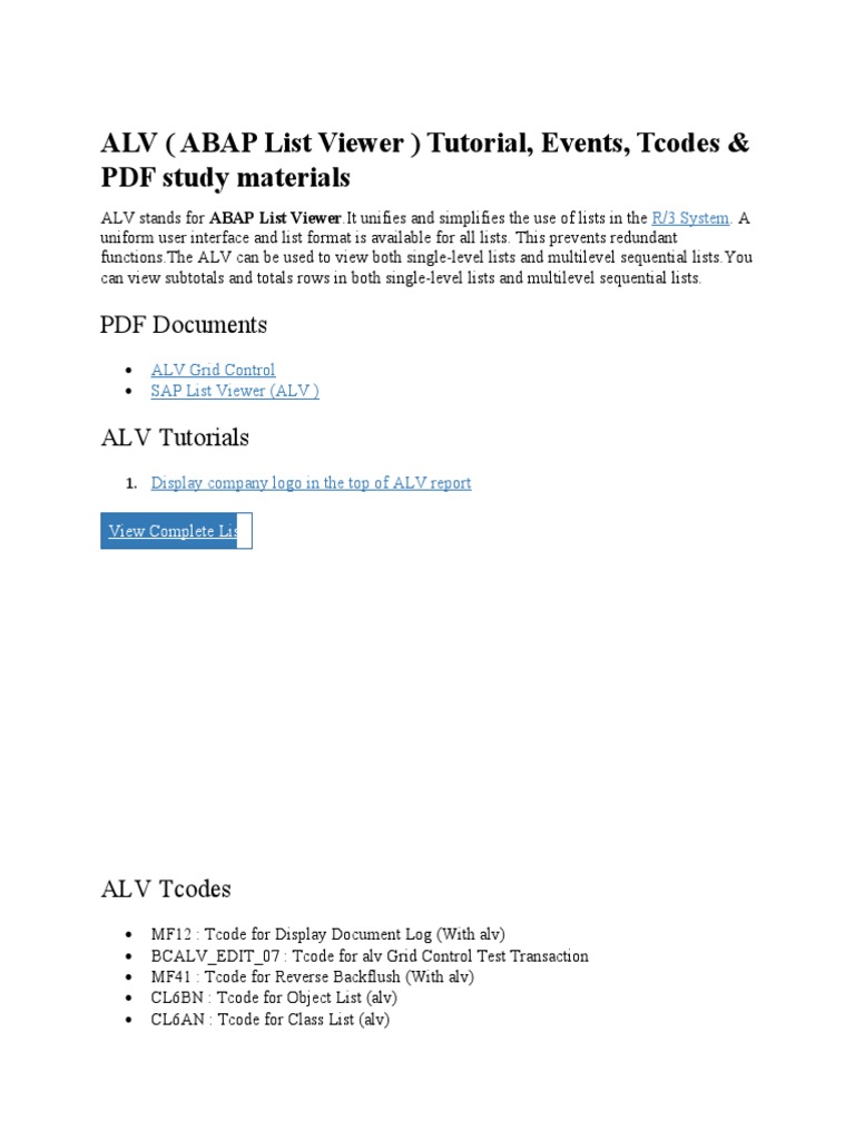 ALV Tutorial: Events and Tcodes Guide | PDF