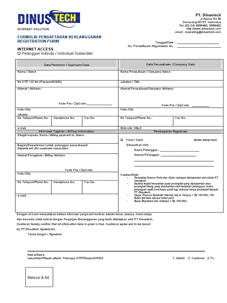 Formulir Pendaftaran Internet Dinustech | PDF