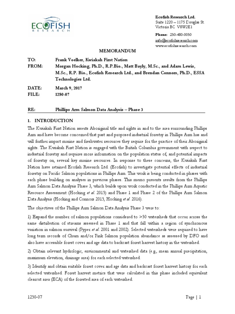 Ecofish - Memo Re Phillips Arm Salmon Data Analysis Phase 3 With ...