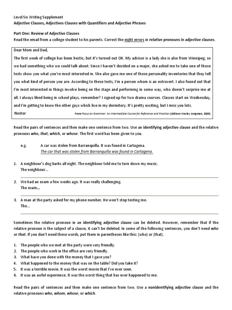 Adjective Clauses & Phrases Guide | PDF | Noun | Pronoun