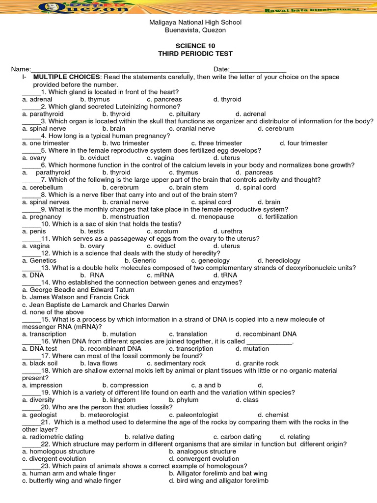 Science 10 Periodic Test Questions | PDF | Dna | Reproductive System