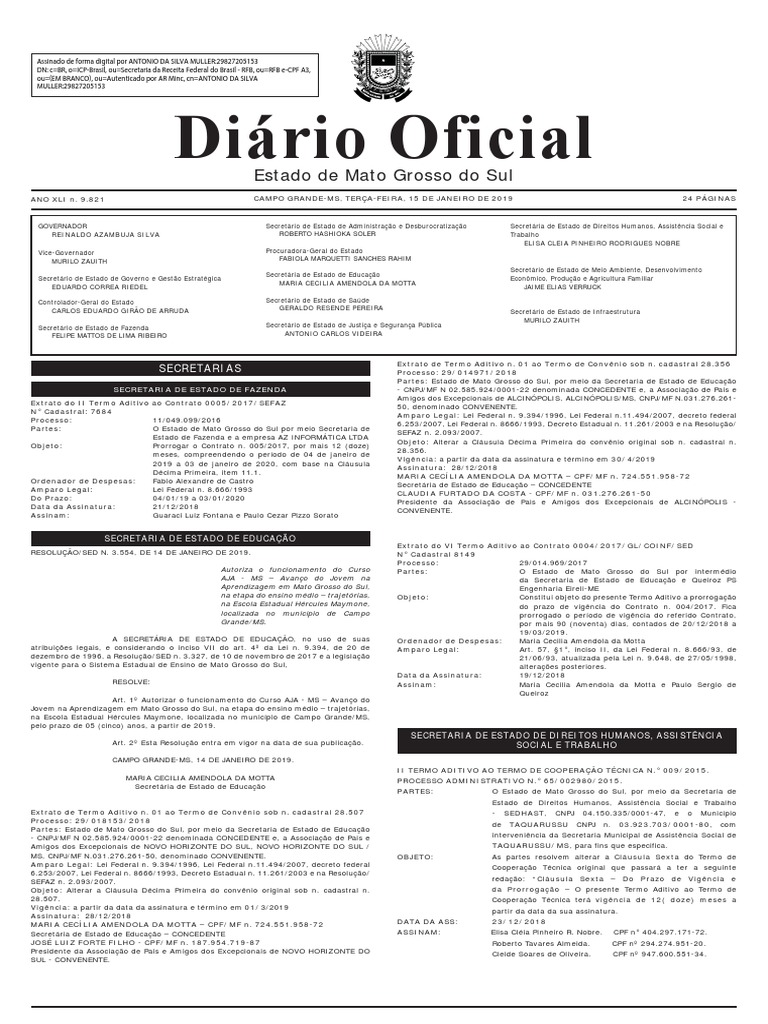 Diário Oficial de MS - 15/01/2019 | PDF | Estatuto | Brasil