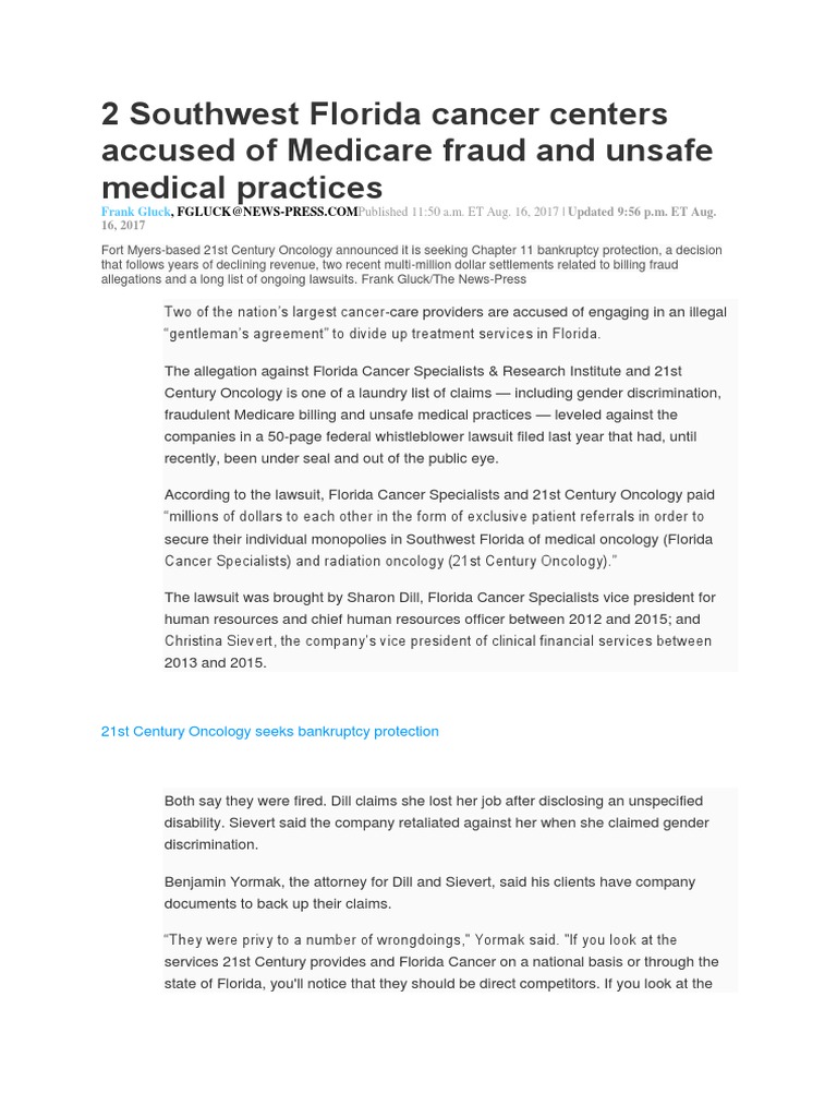 21st Century Oncology Bankruptcy and Fraud Claims | PDF | Whistleblower ...