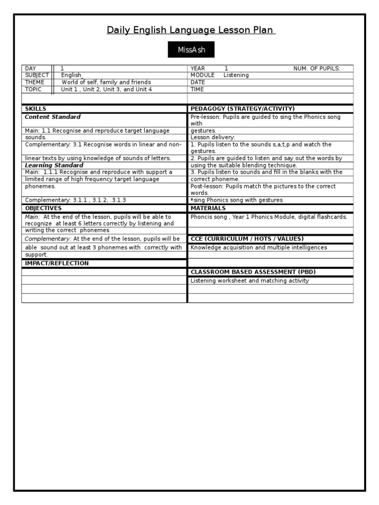 Daily English Language Lesson Plan: Skills Pedagogy (Strategy/Activity ...