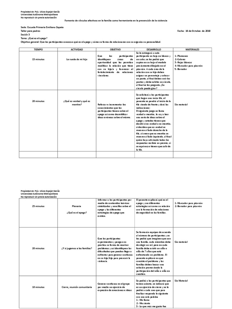 Carta Descriptiva Sesión 3 Fomento de Vínculos Afectivos 