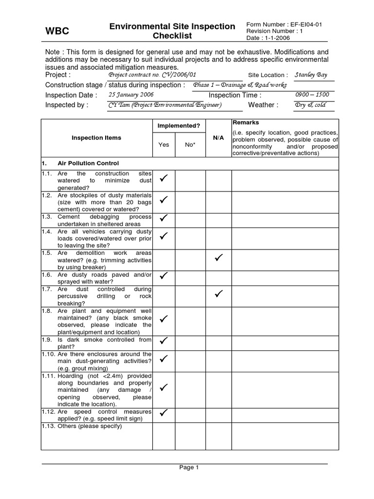 Environmental Site Inspection Checklist PDF Wastewater Road