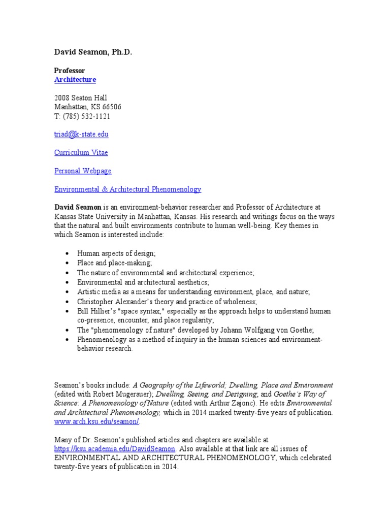 David Seamon, PH.D.: Architecture | PDF | Nature | Phenomenology ...