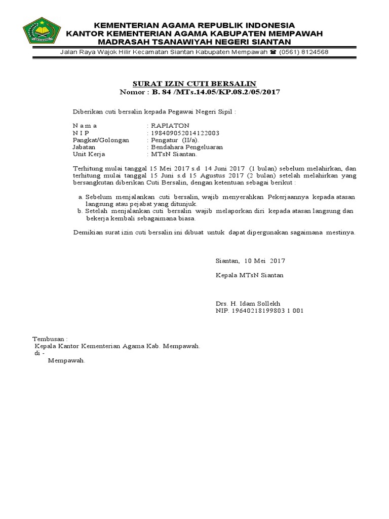 Contoh Surat Izin Cuti Melahirkan Untuk Guru Nusagates