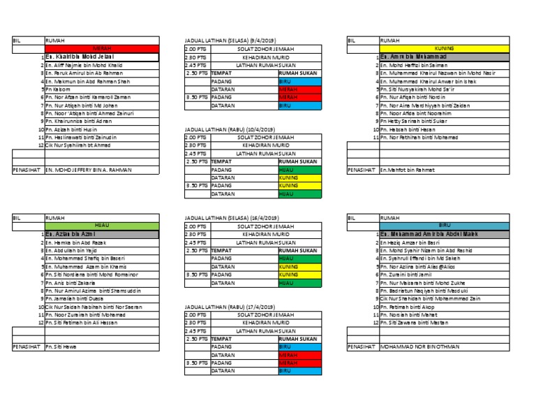 Jadual Penuh Latihan Rumah Sukan