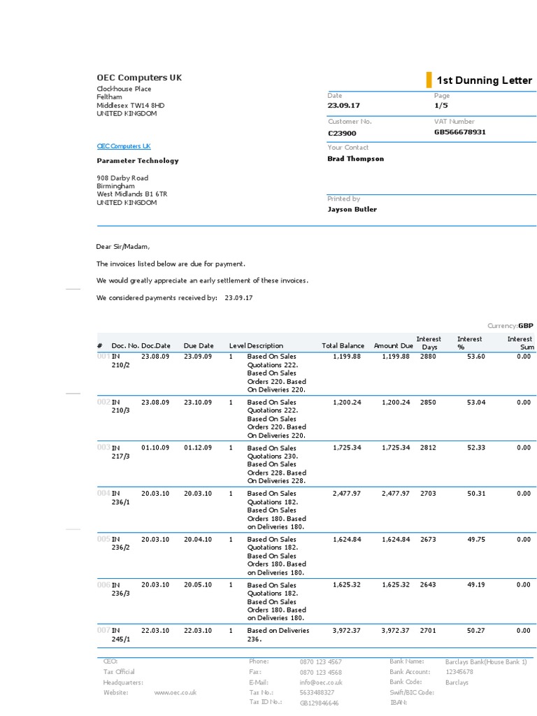 1st Dunning Letter for OEC Computers | PDF | Banking | Financial Services