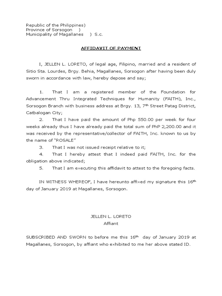 Affidavit of Payment Loreto and Llado | PDF | Affidavit | Civil Law ...