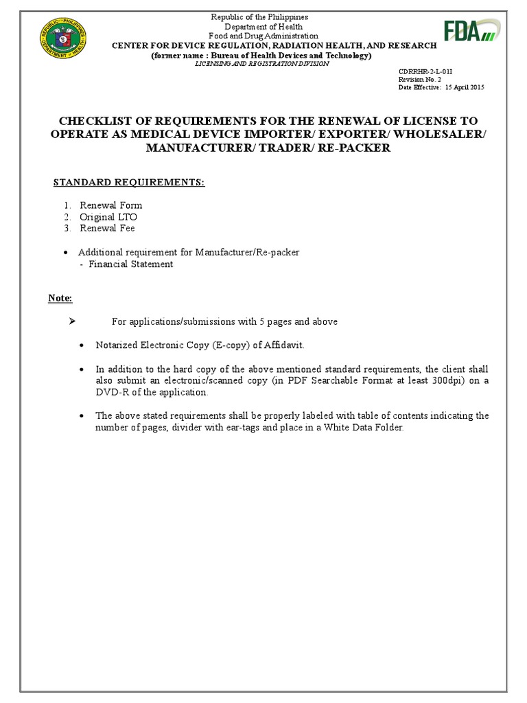 Checklist of Requirements For The Renewal of License To Operate As