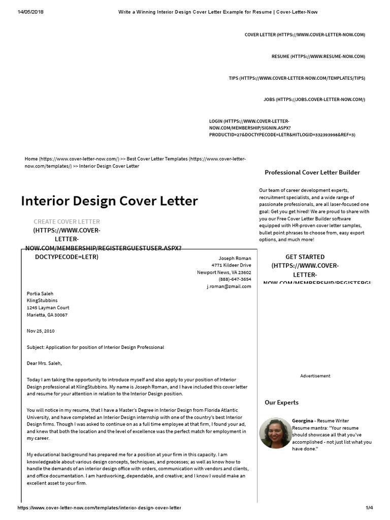 interior design resume cover letter examples