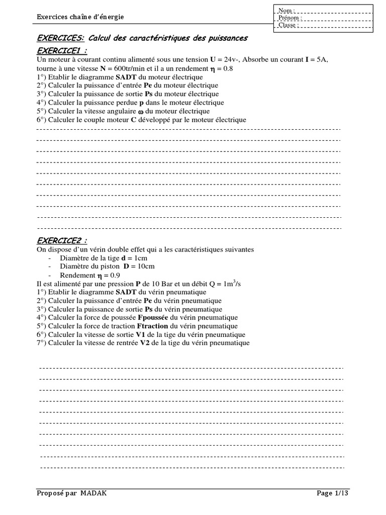Exercice Avec Correction Sur L énergie Cm1 Exercice Chaine Energie Eleve PDF | PDF | Puissance (physique) | Énergie  pneumatique