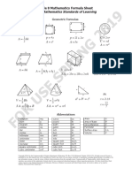 A BH P S A S P L Alw W C C A R R D: Grade 8 Mathematics Formula Sheet 2016 Mathematics Standards of Learning