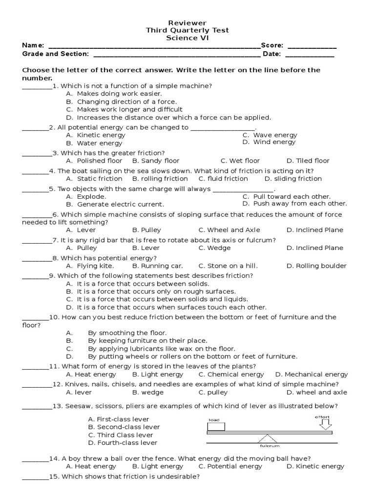 Grade 6 Science Test Reviewer | PDF | Friction | Force