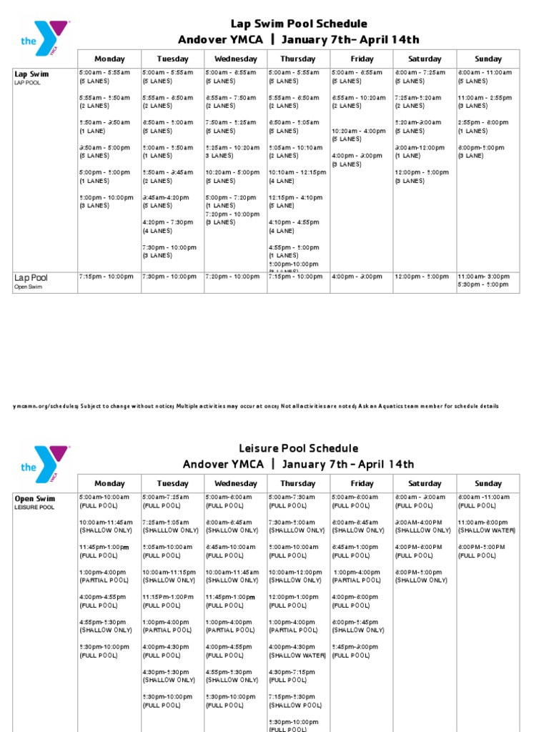 Andover YMCA Lap and Leisure Pool Schedule JanuaryApril PDF