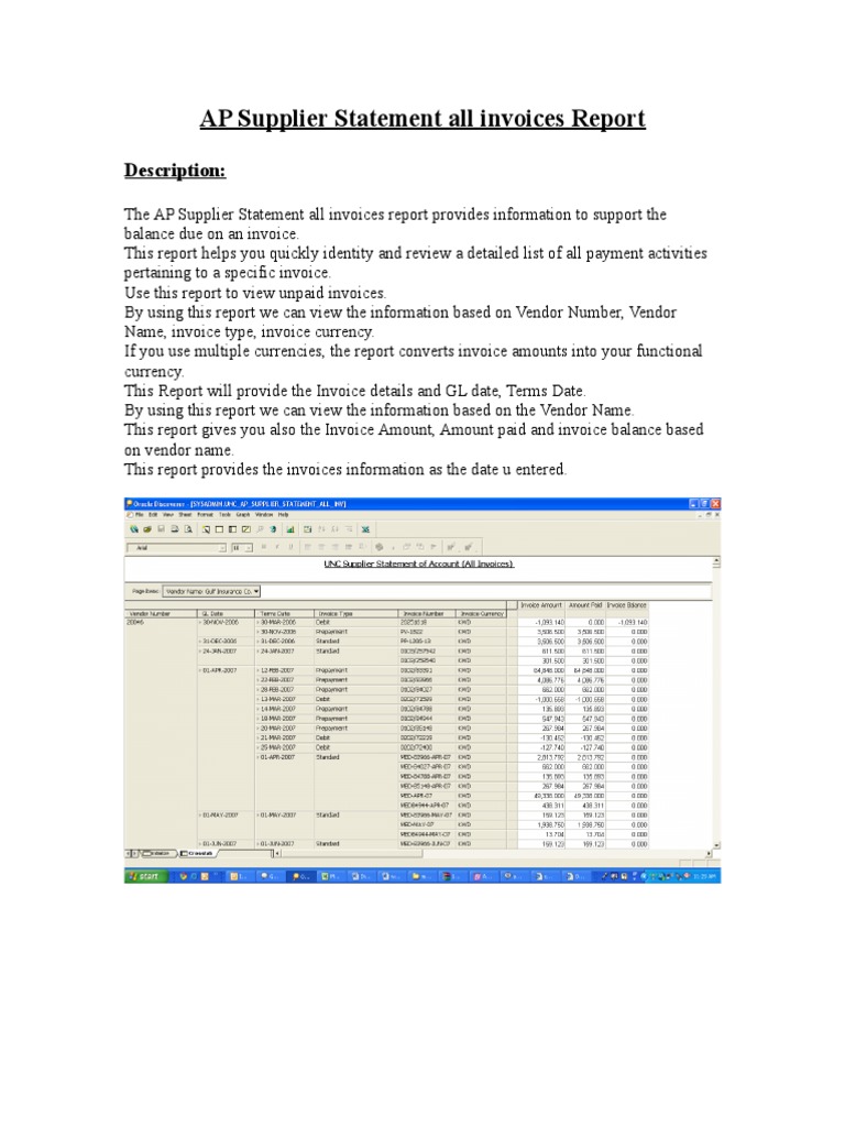 AP Supplier Statement All Invoices Report: Description | PDF | Accounts ...
