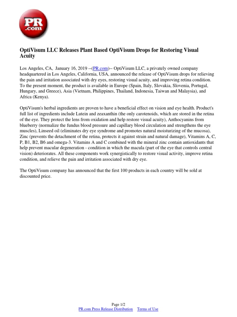 OptiVisum LLC Releases Plant Based OptiVisum Drops For Restoring Visual ...