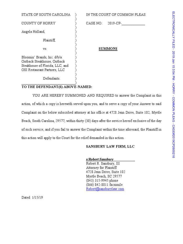 Outback Lawsuit PDF Damages Negligence