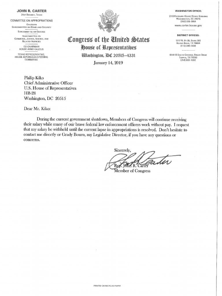 Congressman John Carter's Letter Requesting Salary To Be Withheld ...