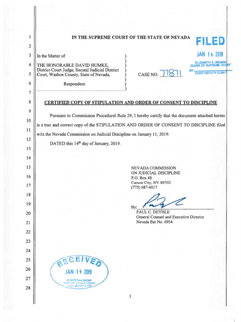 2019.01.14 Certified Copy of Stipulation and Order of Consent To ...