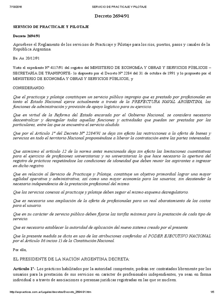 Servicio de Practicaje y Pilotaje Decreto 2694-91 | PDF | Piloto ...