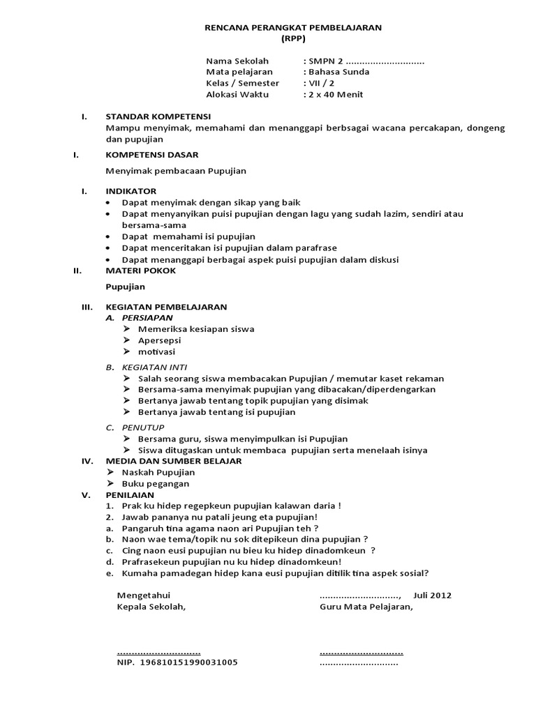 Rpp Bahasa Sunda Kelas 7 Semester 2